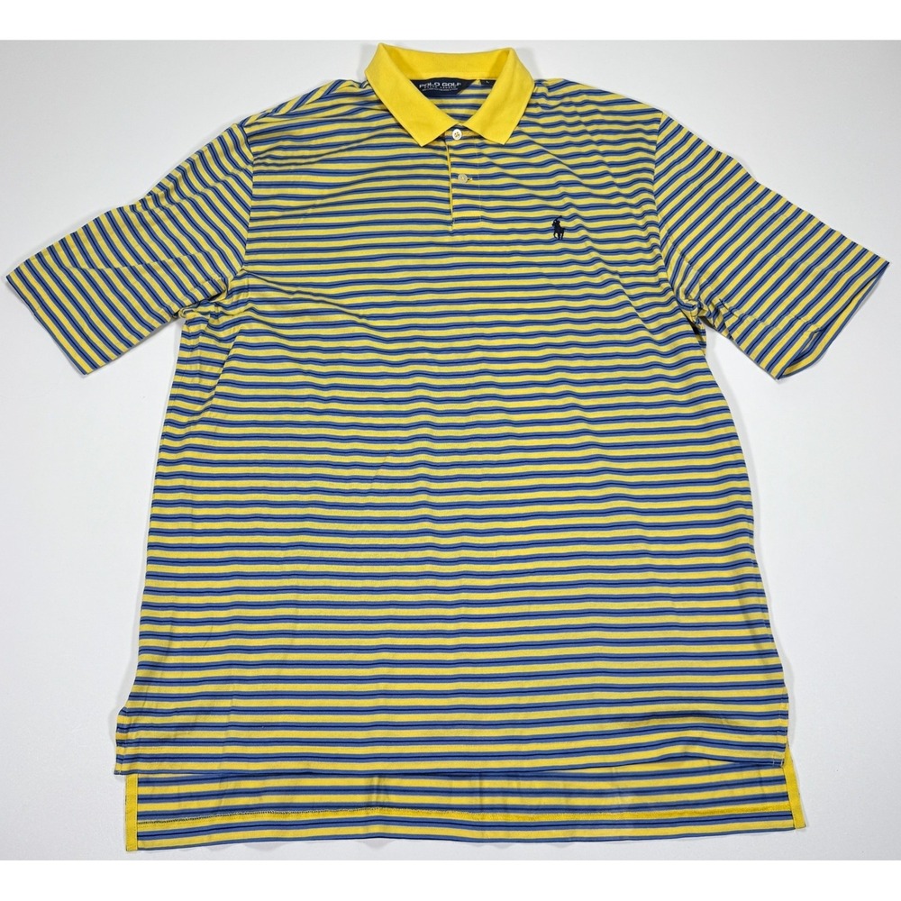 Polo Golf Ralph Lauren Mens L Yellow Blue Striped Pima Cotton Golf Polo Shirt